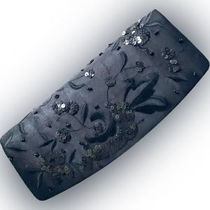 LE REGALE Black Satin Sequin Embroidered Clutch with Shoulder Strap